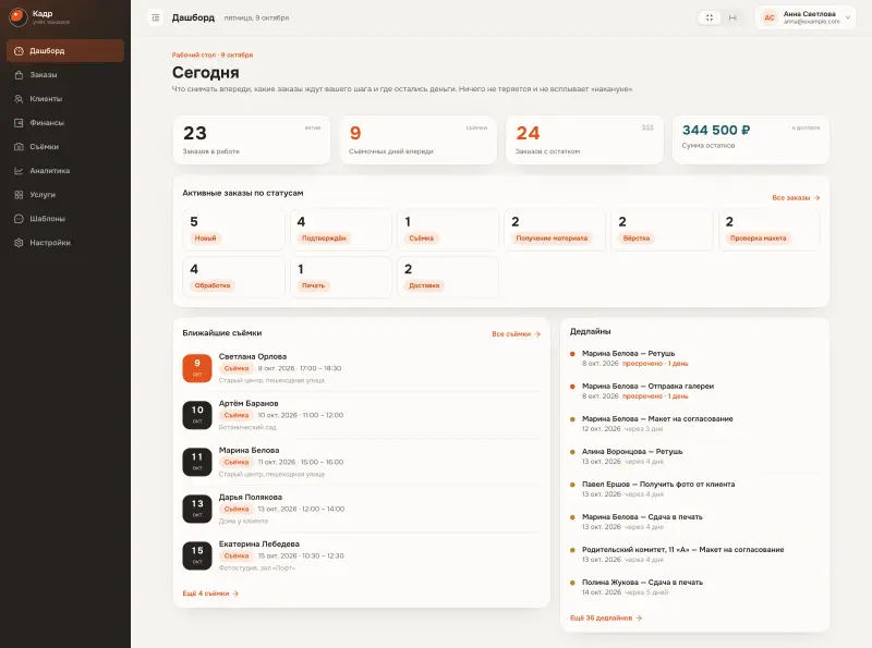 Рабочий стол CRM для фотографа