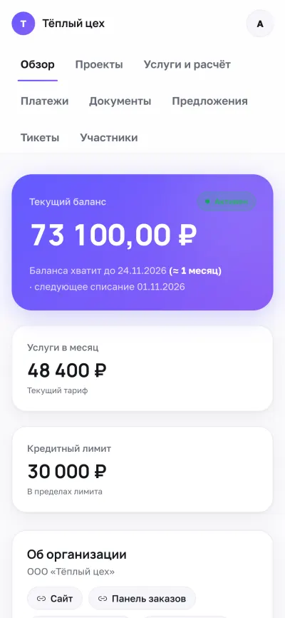 Обзор кабинета клиента на экране телефона