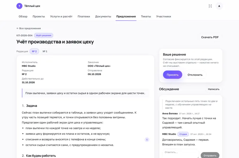 Карточка коммерческого предложения: разделы, таблица стоимости, обсуждение