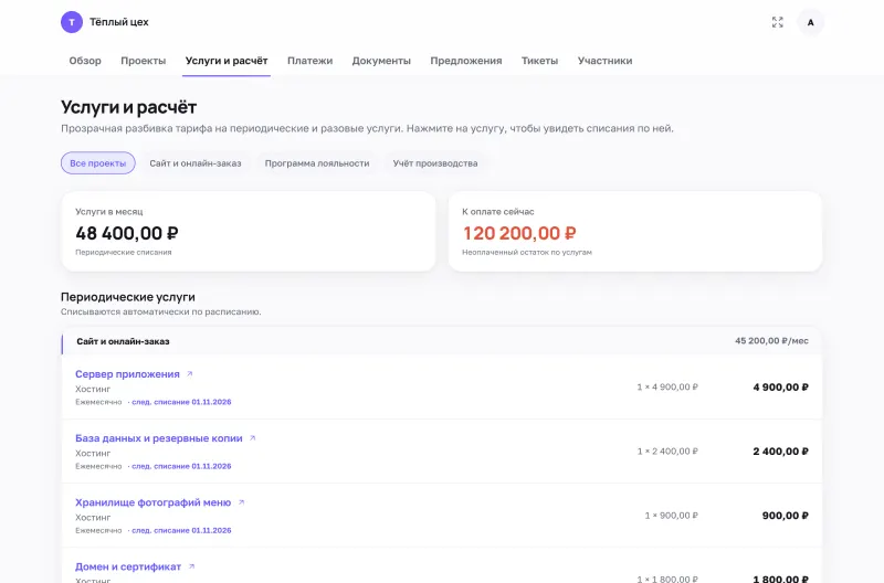 Расчёт услуг: периодические списания по проектам и разовые работы