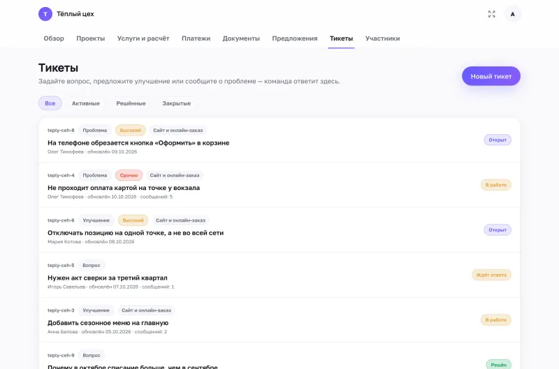 Список обращений клиента с типом, приоритетом, проектом и статусом