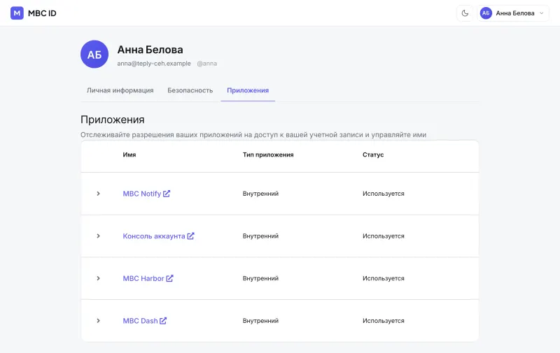 Вкладка «Приложения»: MBC Harbor, MBC Dash, MBC Notify и консоль аккаунта со статусом «Используется»